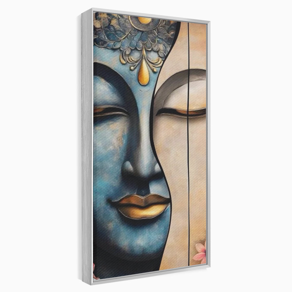 Tablou canvas cu tablou canvas cu chipul lui buddha, in rama de aluminiu argintiu